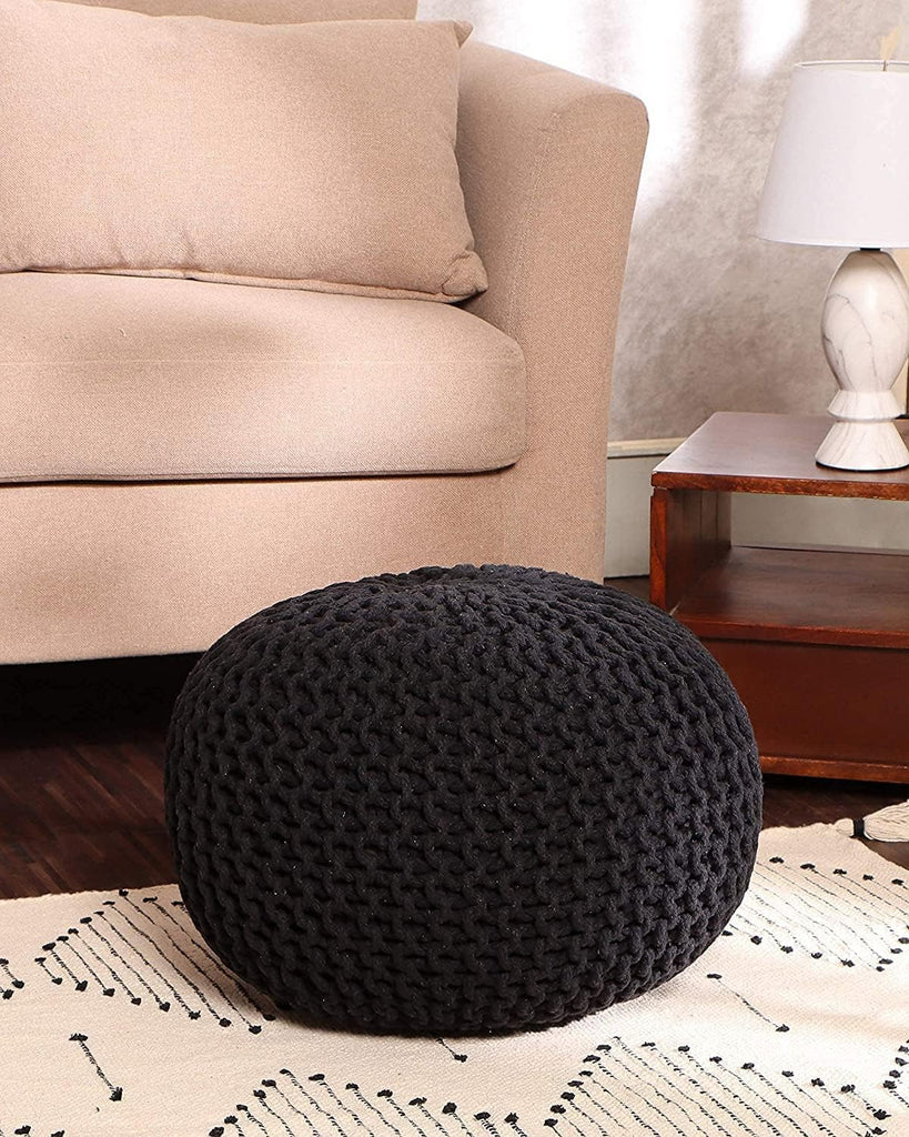 Pouf Hand Knitted Cotton Braid Cord Cable Ottoman - Foot Stool - Accent Seat Furniture Bean Bag - Living Room Kids - 18x18x16 Inches