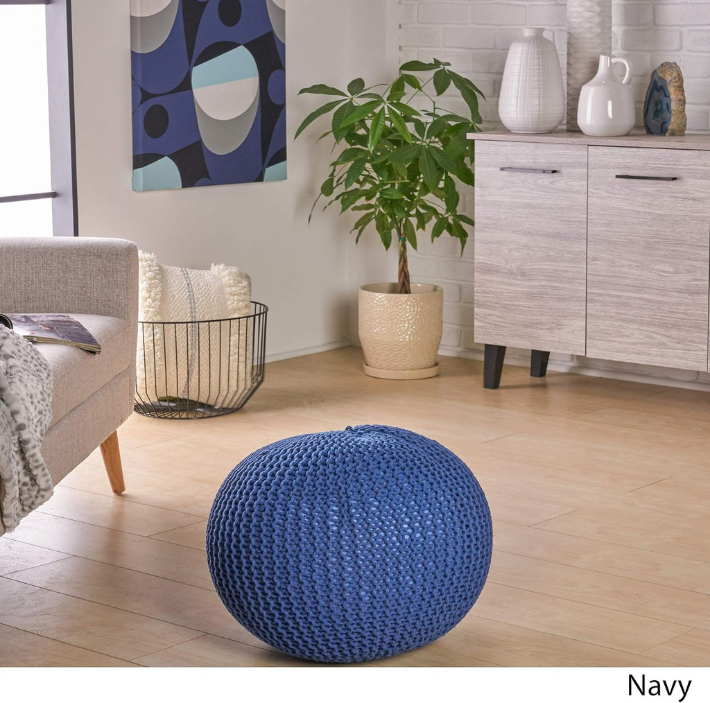 Pouf Hand Knitted Cotton Braid Cord Cable Ottoman - Foot Stool - Accent Seat Furniture Bean Bag - Living Room Kids - 18x18x16 Inches