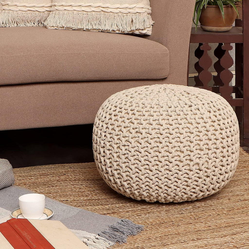 Pouf Hand Knitted Cotton Braid Cord Cable Ottoman - Foot Stool - Accent Seat Furniture Bean Bag - Living Room Kids - 18x18x16 Inches