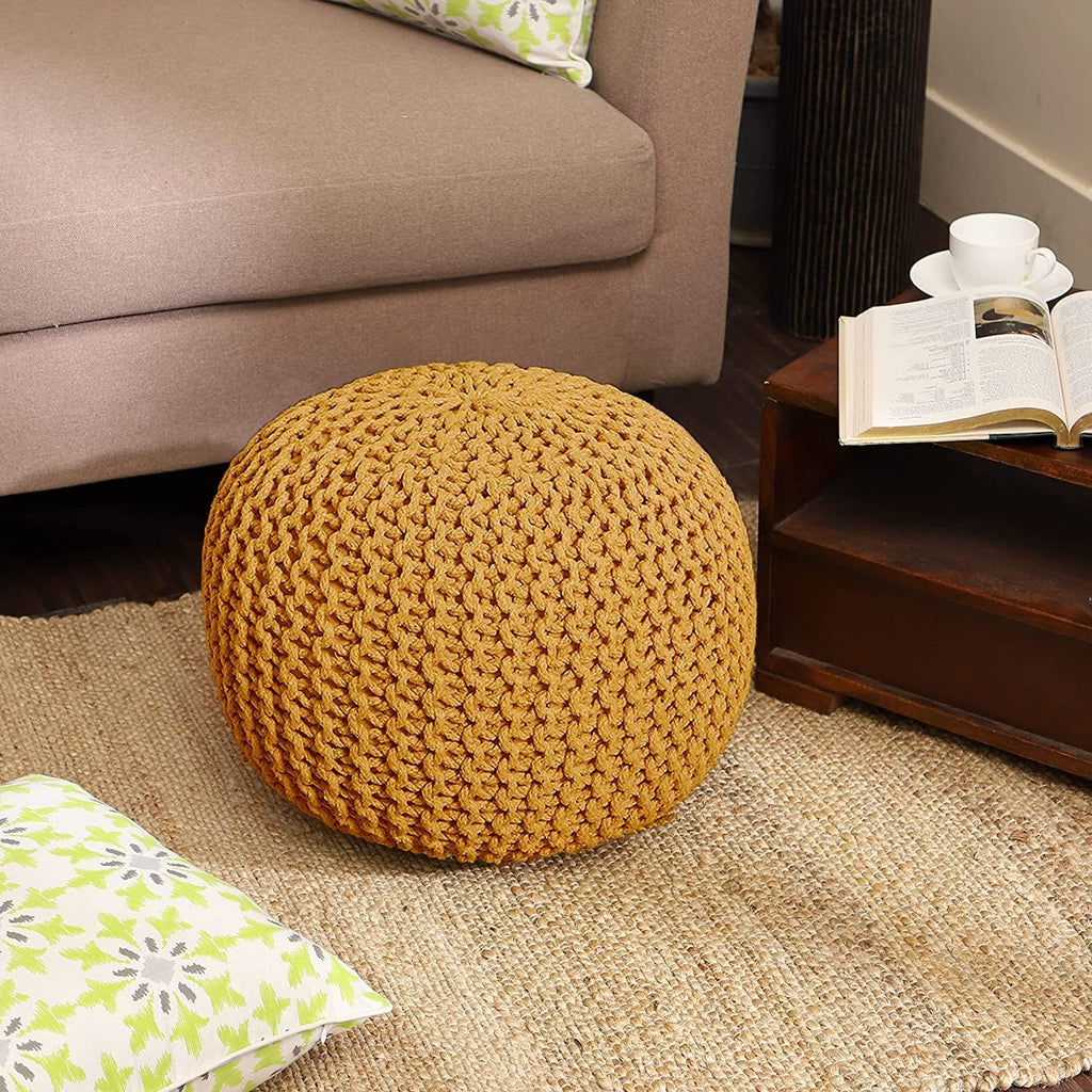 Pouf Hand Knitted Cotton Braid Cord Cable Ottoman - Foot Stool - Accent Seat Furniture Bean Bag - Living Room Kids - 18x18x16 Inches