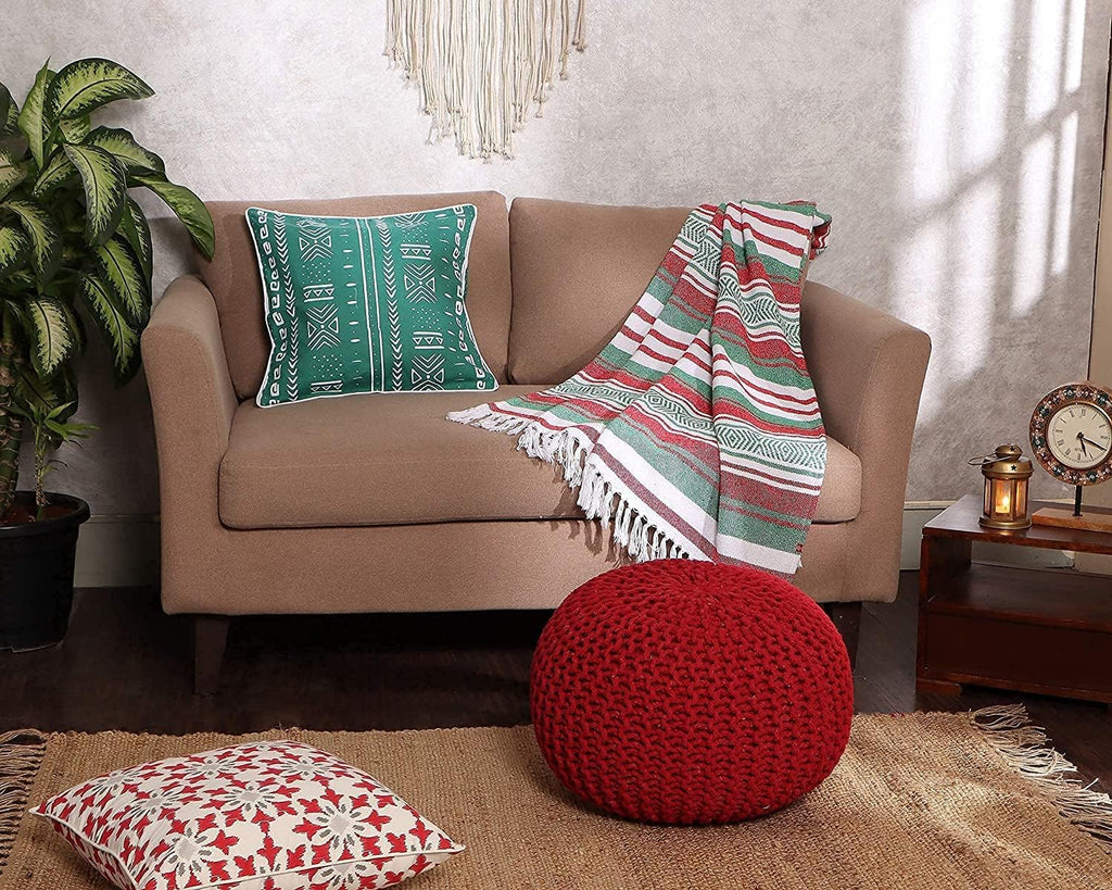 Pouf Hand Knitted Cotton Braid Cord Cable Ottoman - Foot Stool - Accent Seat Furniture Bean Bag - Living Room Kids - 18x18x16 Inches