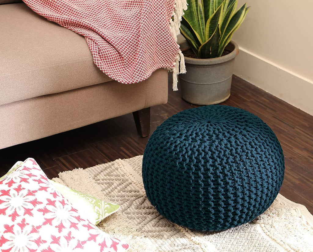 Pouf Hand Knitted Cotton Braid Cord Cable Ottoman - Foot Stool - Accent Seat Furniture Bean Bag - Living Room Kids - 18x18x16 Inches